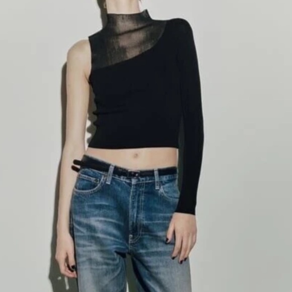 Zara Tops - Zara Black One Shoulder Sheer Panel Knit Top | Asymmetrical | Size M